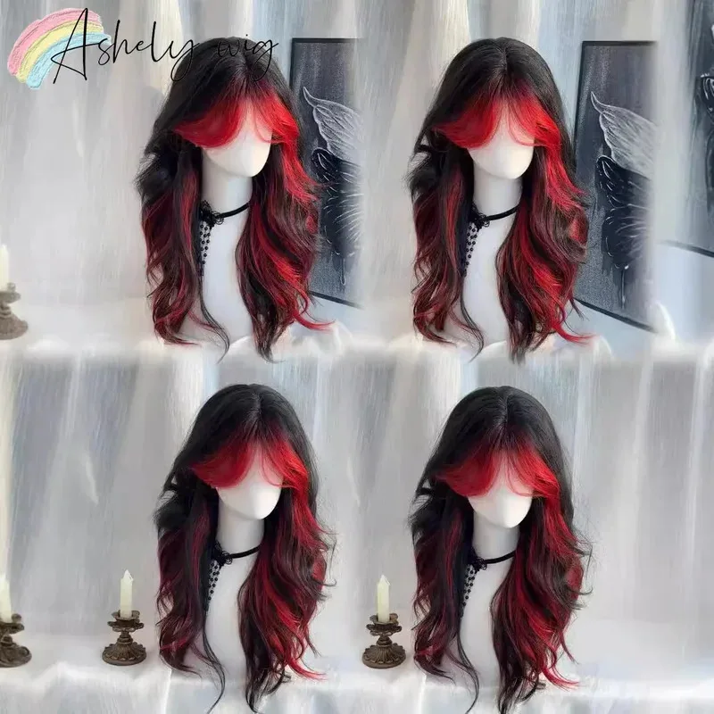 여성용 레드 블랙 옴브레 가발, 긴 웨이브 헤어 가발 21인치 미디엄 Y2K 헤어스타일 로리타 코스프레 데일리용 합성 가발