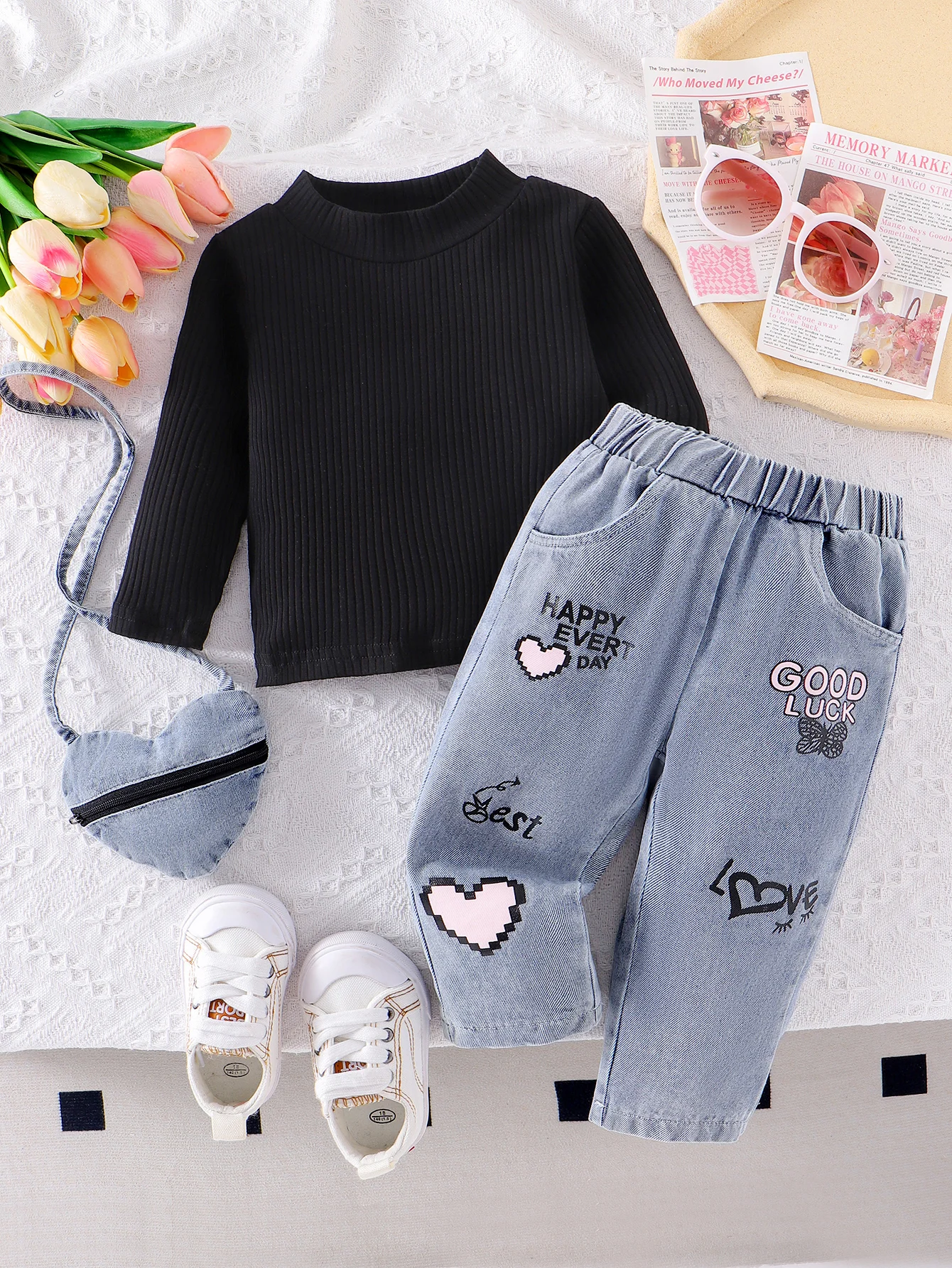 2PCS In Autumn, Comfortable Simple And Fashionable Black Top + Denim Pants + Cross-Body Bag Set For Girls Aged 0-3