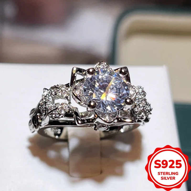 Temperament, Creative Personality, Genuine S925 Silver Hollow Four-claw Geometric Women's Wedding Ring