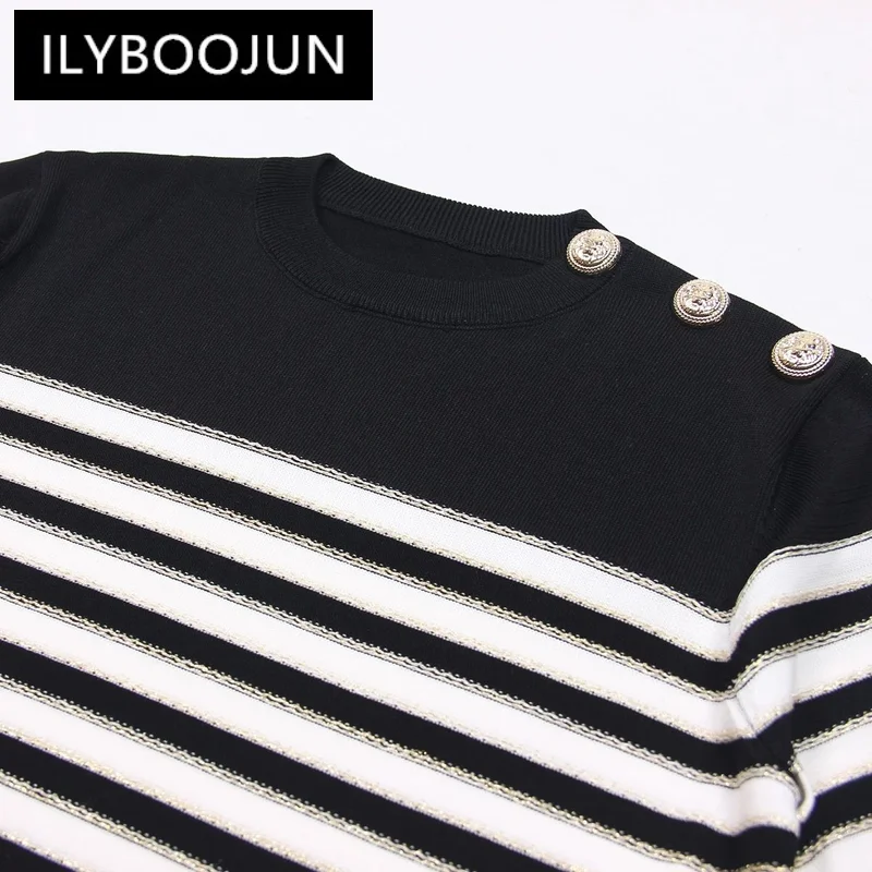 SML High-quality Fashionable Elastic Knitted Fabric With Striped Button Decoration Short Sleeved Loose Fitting Women's Pullover