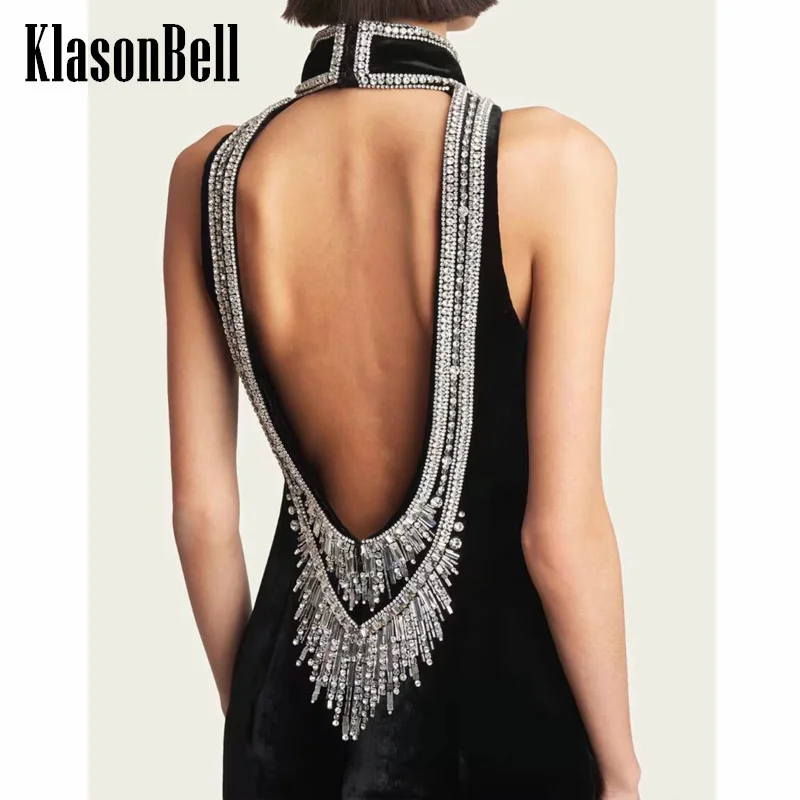 8.17 KasonBell Women New Luxury Bling Diamond Hand Beading Velvet Vest Elegant Temperament Sexy Backless Turtleneck  Tank Top