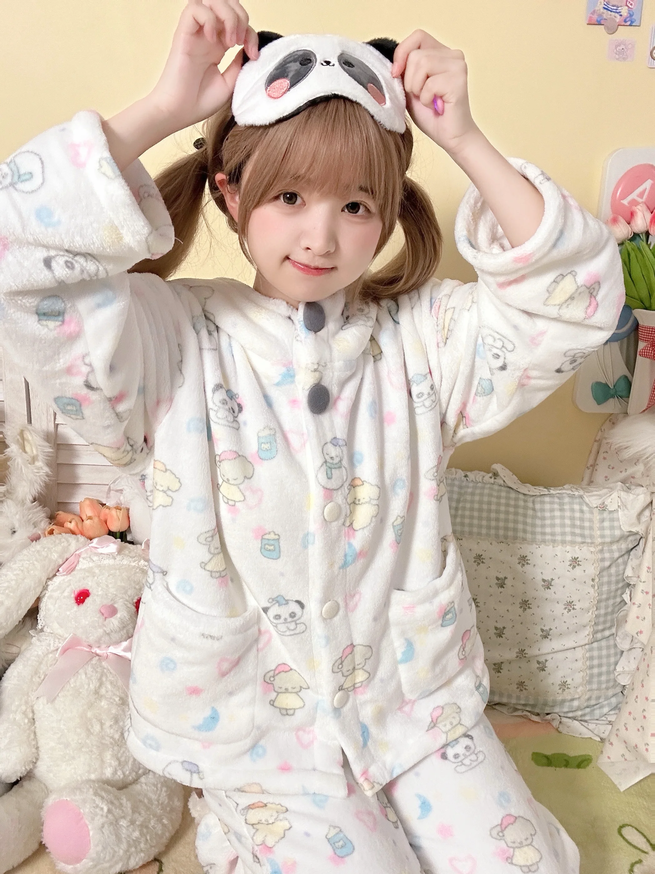 Autumn and Winter Warm Flannel Japanese Original Sweet Girl Loungewear Cute Cartoon Casual and Comfortable Long-sleeved Pajamas