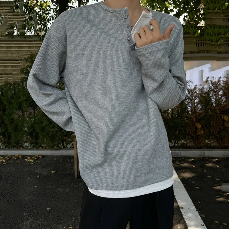Simpel Men's T-shirts Double Layer Patchwork Round Collar Contrast Color Casual Tops Long Sleeve Knitting Male Tees