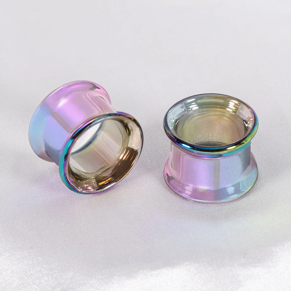 2pcs Glass Ear Gauges Plugs and Tunnels Clear,Rainbow Double Flared Gauges Earrings 6-16mm Ear Stretcher Expander Body Jewelry