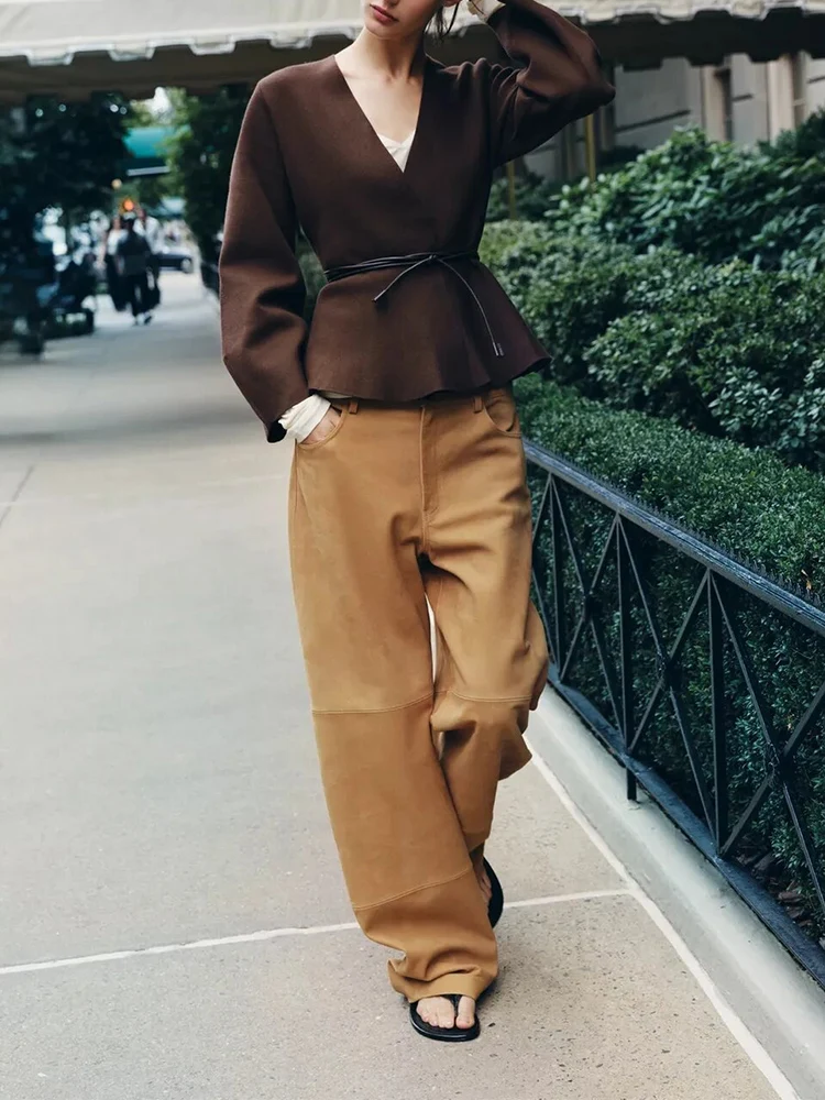 

European style new women's fashion versatile temperament solid color with belt V-neck long-sleeved knitted jacket