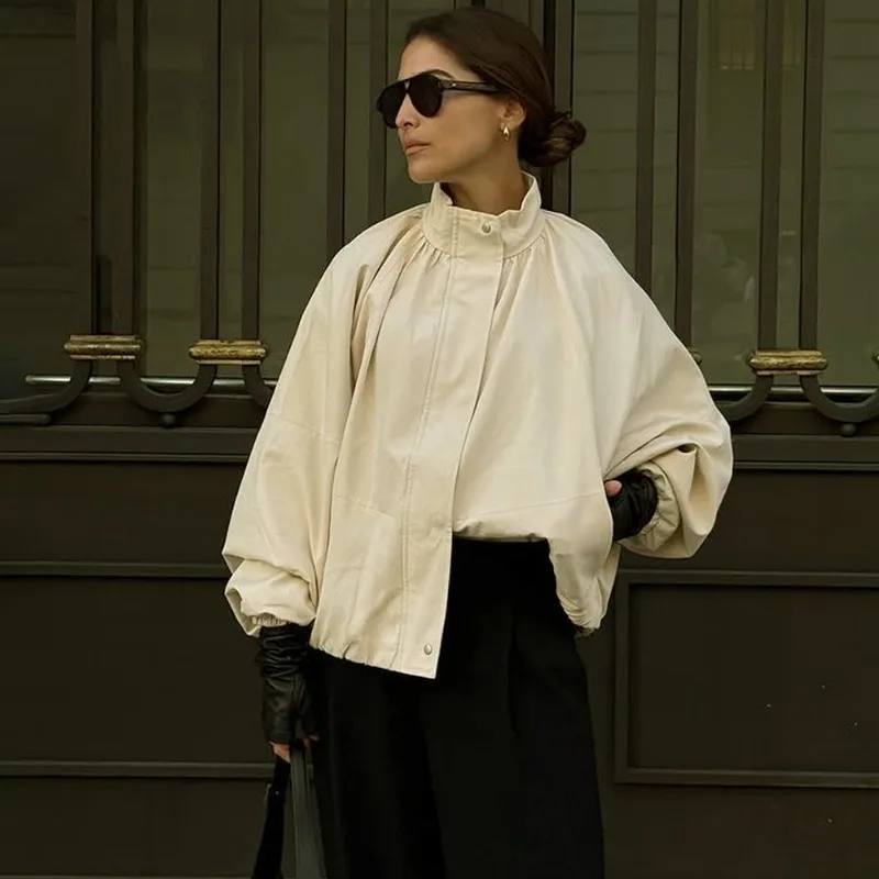 Talenza Pleated Solid Women's Coat Full Sleeve Single Breasted Loose Long Sleeve Lady Jacket Autumn Lapel Female Highstreet Tops