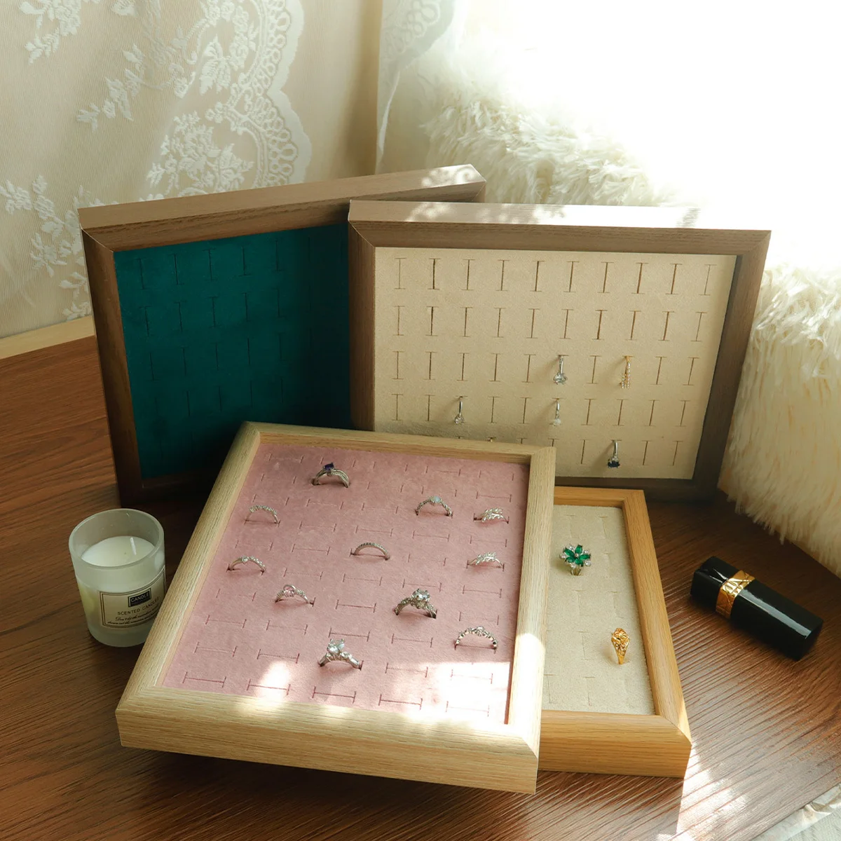 50 فتحة حلقة عرض لوحة الأذن ترصيع سوار مجوهرات صندوق تخزين الخشب تنظيم صندوق علبة حلقة #2