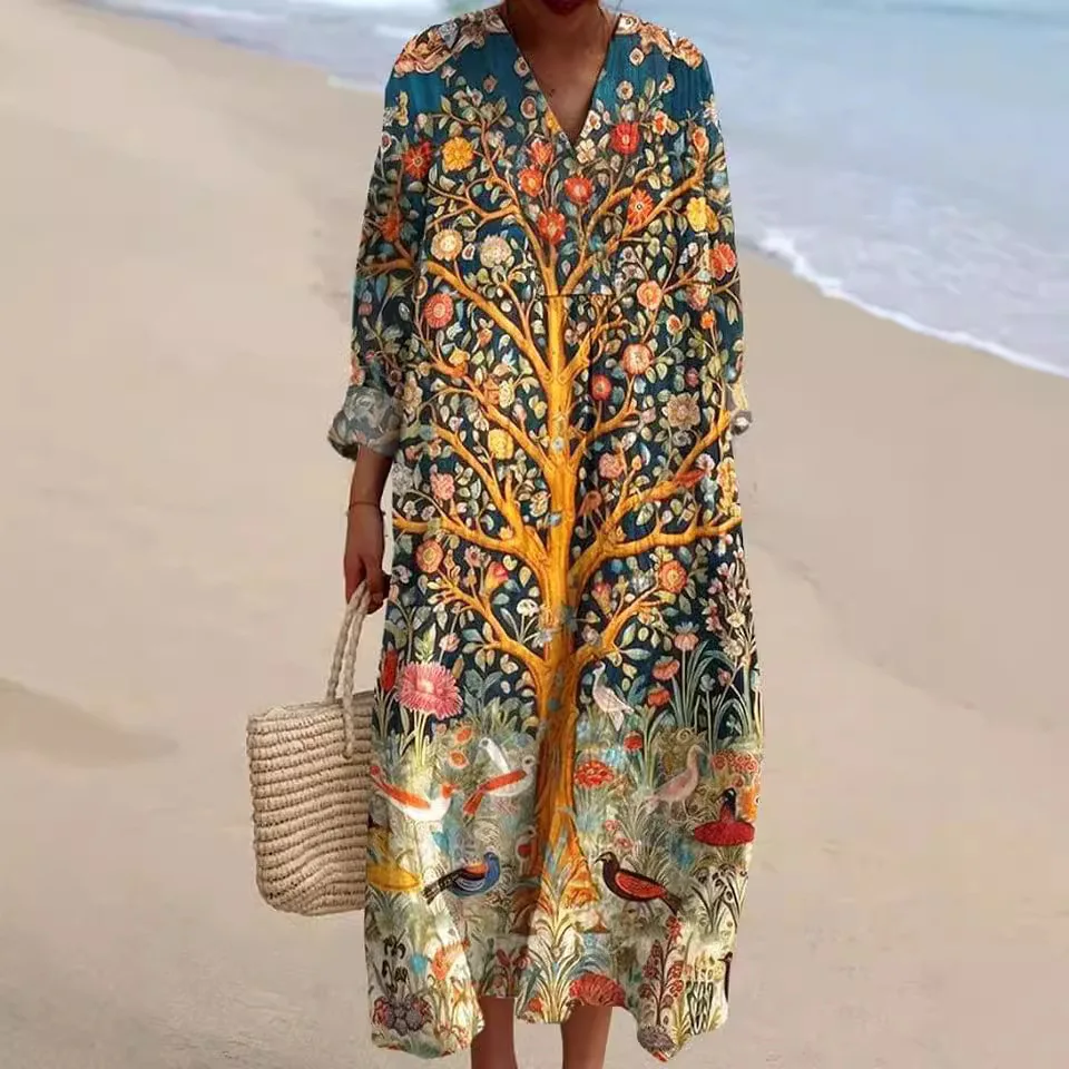 Vestido camisa de manga comprida com estampa floral feminina – Vestido maxi de verão casual solto com decote em V para praia