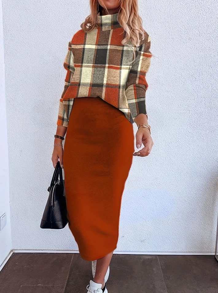 Elegant 2 Piece Sets Women Outfit Fashion Casual High Stand Neck Plaid Printed Long Sleeve Tops Straight High Waist Skirt Set