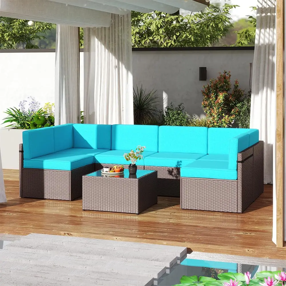 7 PCs Outdoor Patio Furniture PE Wicker Rattan Sectional Conversation Sofa Set, Turquoise