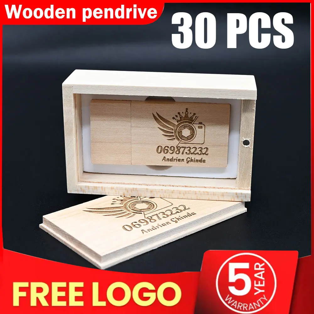 30pcs/lot Flash Drive Usb 2.0 Wooden / Bamboo pendrive 4GB 8GB16GB 32GB 64GB 128GB Free Custom Logo for Photography Wedding Gift