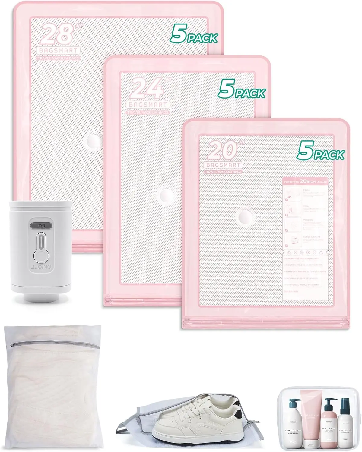 

Vacuum Storage Bags with Hand Pump, Travel Space Saver for Clothes, Heavy Duty Compression Bags, Packing Essentials - Pink