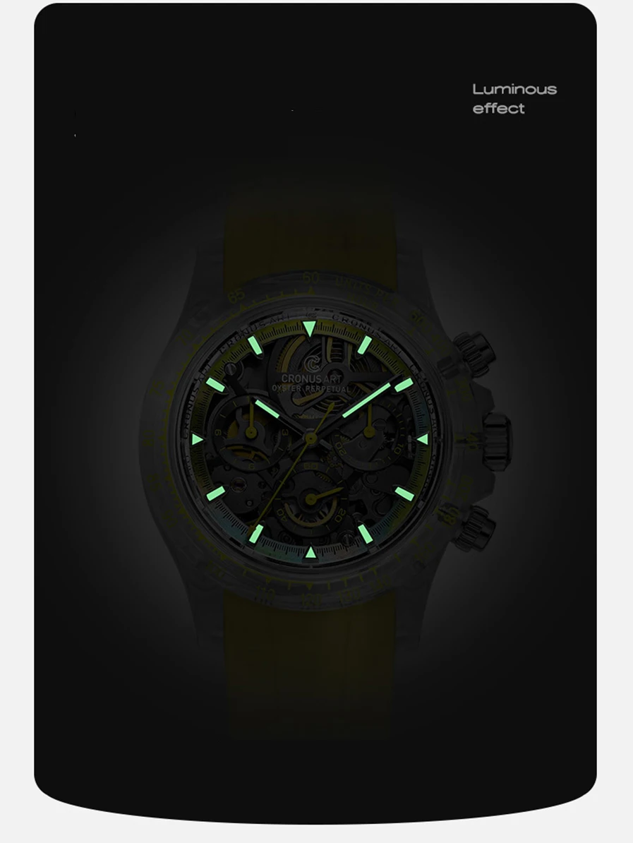 Мужские автоматические часы CRONUSART, 40 мм, циферблат с хронографом, механические наручные часы K9, хрустальный корпус, скелетон, светящийся ремешок из фторкаучука