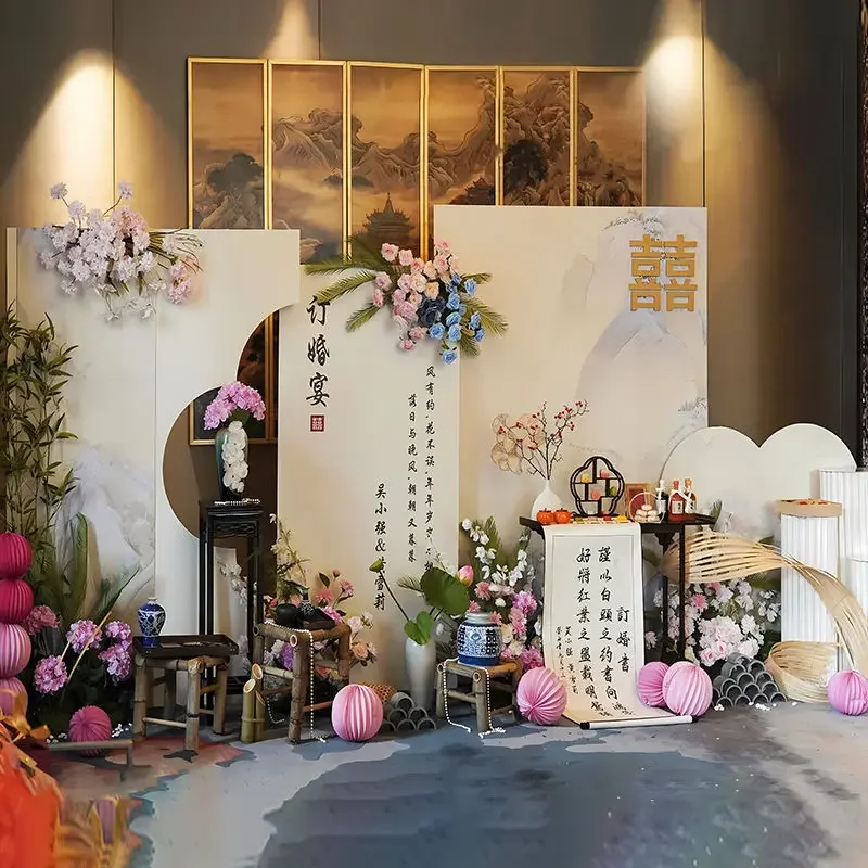 2026 new Chinese engagement banquet layout decoration high sense simple atmosphere kt board background wall scene