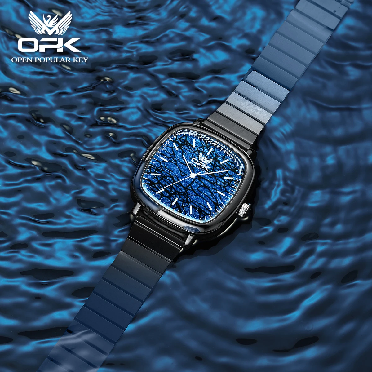 OPK 브랜드 야광 방수 레트로 사각 스틸 밴드 남성용 쿼츠 시계 8143
