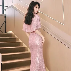 A18 Evening dress sequined short sleeve fishtail dress