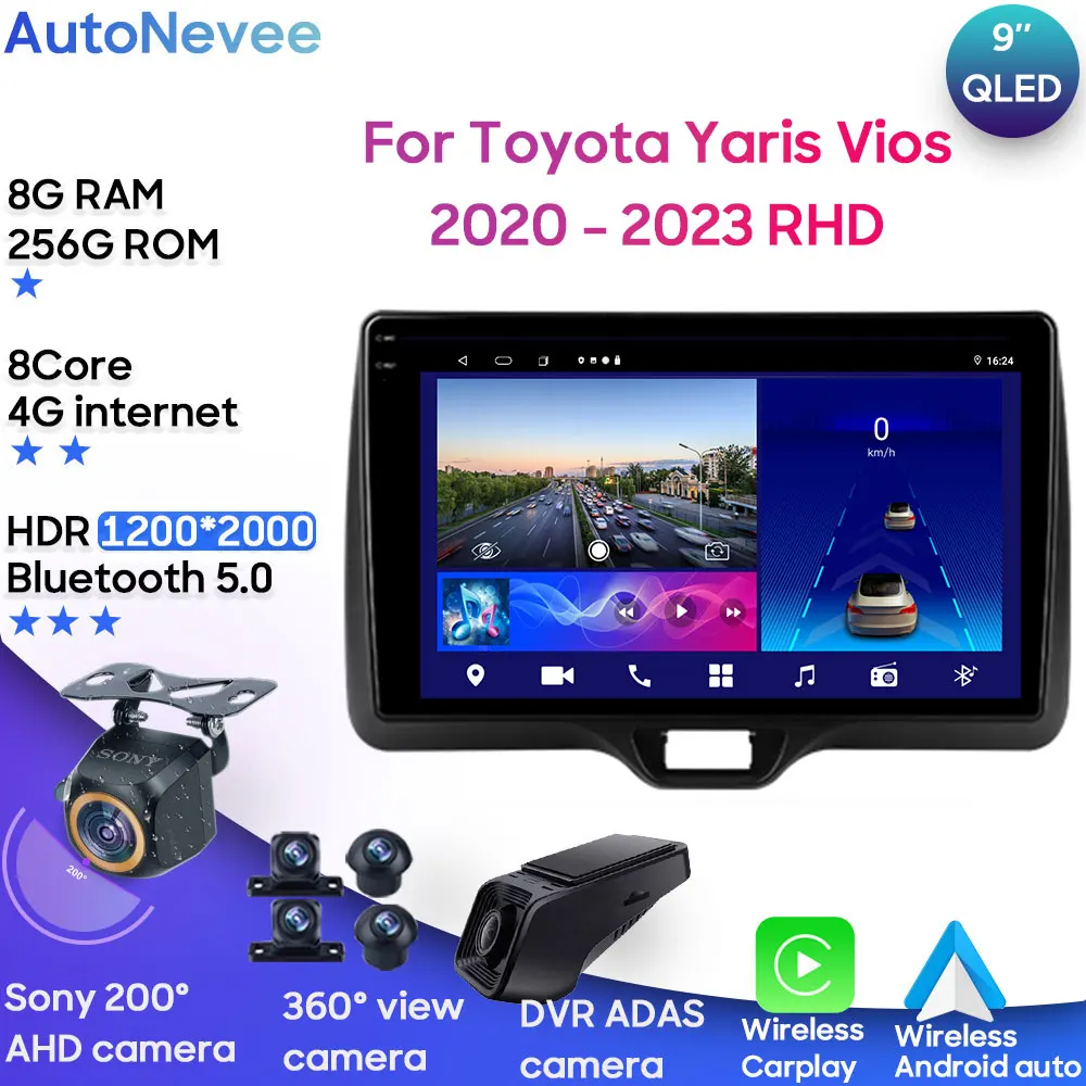 Android 14 Carplay Auto For Toyota Yaris Vios 2020 - 2023 Right hand drive Car Radio Multimedia Player GPS Video No 2 Din