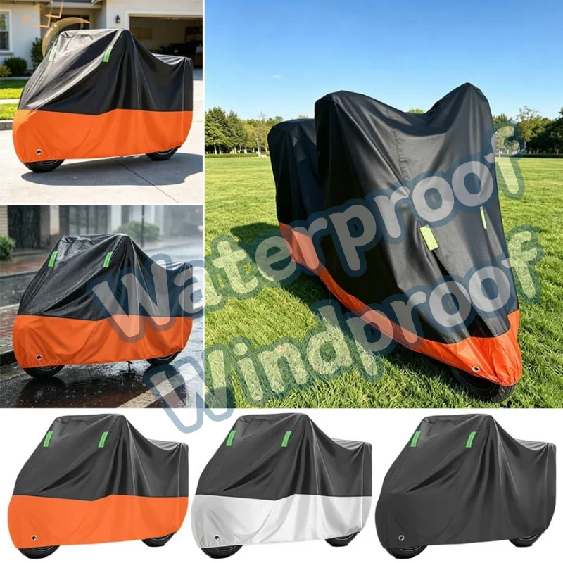 Waterproof Motorcycle Cover All Weather Outdoor UV Rain Dust Protection Reflective Strip Lock Hole Motorbike Protector Cover