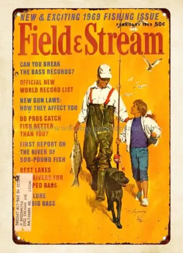 1969 Field & Stream magazine cover father son back from fishing metal tin sign sign