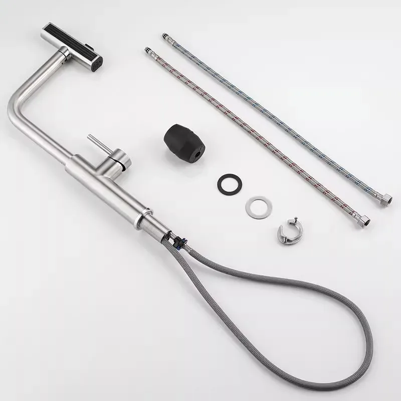 Black Kitchen Faucet  360 ° Rotation Cold and Hot Deck Mounted Pull Out Waterfall and Spray Kitchen Sink Tap