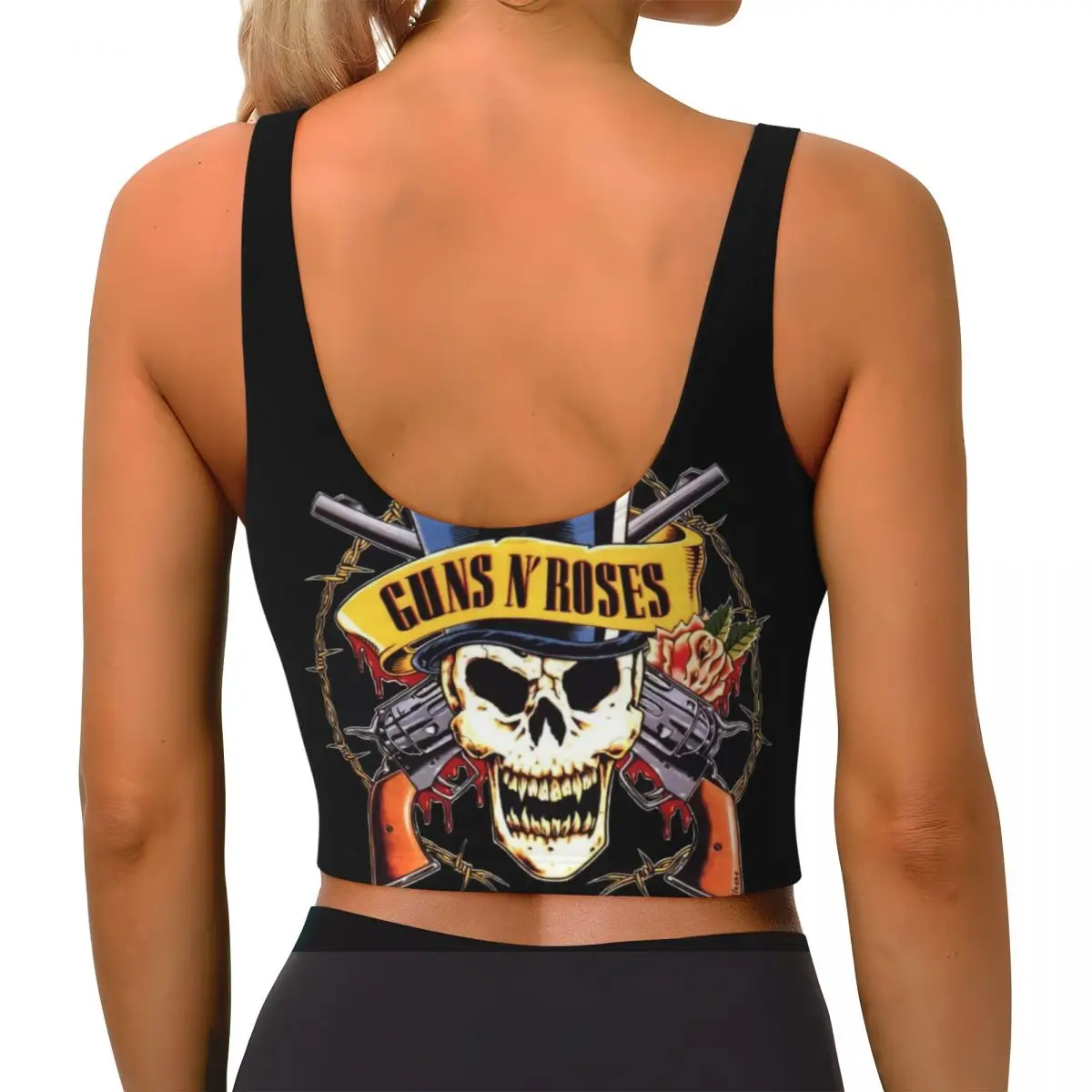حمالة صدر رياضية معدنية ثقيلة بشعار Guns N Rose مخصصة للنساء، قميص قصير لليوجا عالي التأثير #3