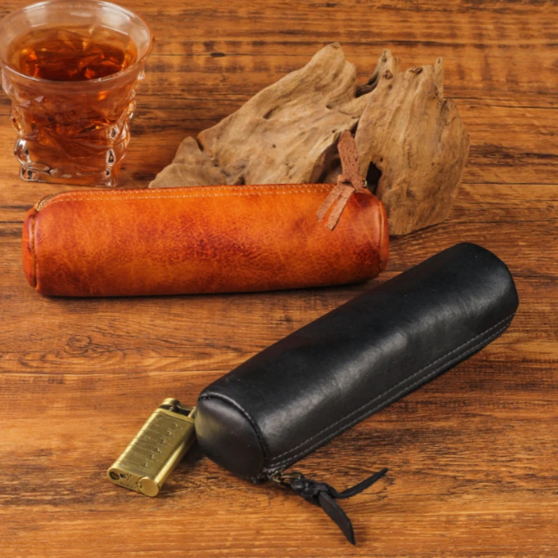 Handmade First-Grade Cowhide Single Pipe Bag Round Cylinder Simple Men's Retro Pipe Storage Accessory Pouch Portable Organizer