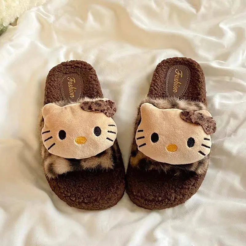 Hello Kitty Cartoon Leopard Print Fur Slippers Kawaii Indoor Comfortable Non-Slip Slippers Cute Couple Cotton Shoes Gift