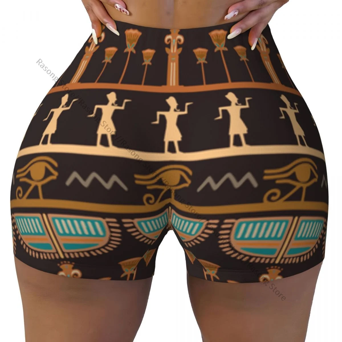 Shorts de yoga feminino tribal egípcio vintage silhuetas étnicas scrunch booty levantamento de bunda conforto fitness ginásio