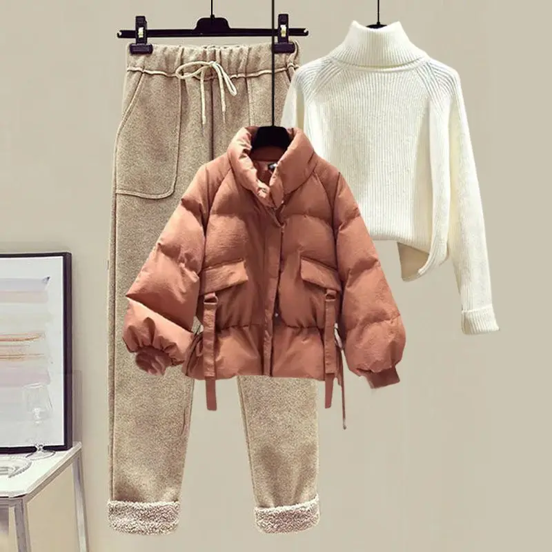 2022 Winter Women Warm Tracketsuit Female Fashion Suit quilted Jacket +pullover Sweater Top And Pant Three Pieces Set Outwear