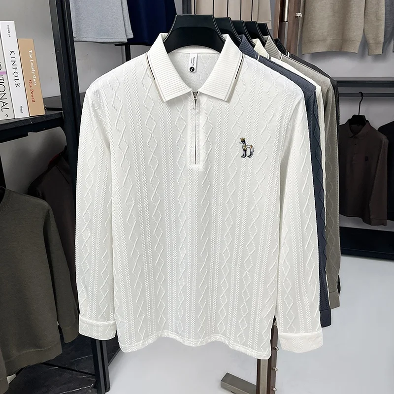 Hochwertiges Herren-Poloshirt mit Stickerei-Print, einfarbig, Jacquard, langärmelig, halber Reißverschluss, Kragen-T-Shirt, lässige Mode für Herren. – Detail 8