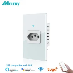 Melery Wifi Smart Tuya Brazil WallSocket Power Monitor Electricity Statistics 20A Plug Outlet Glass Panel by Alexa Google Home