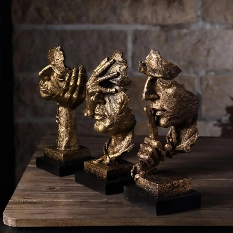 Silence is Golden Abstract Sculpture Set  See Hear Speak No Nordic Modern Resin Figurine Home Office Desktop Decor Art Ornament