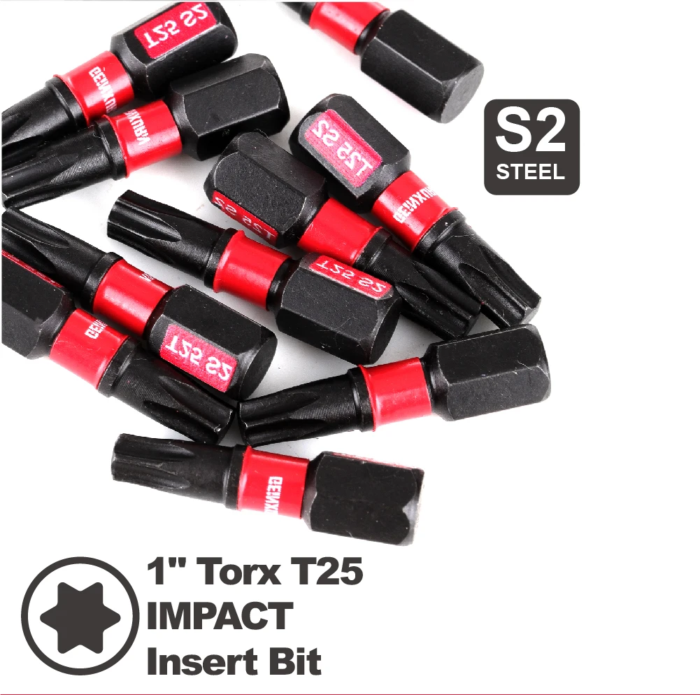 GEINXURN Impact Tough #25 Torx 1 in. Insert Driver Bits,Magnetic T25 Power Bits, S2 Alloy Steel T25 Screwdriver Bits Set Bulk