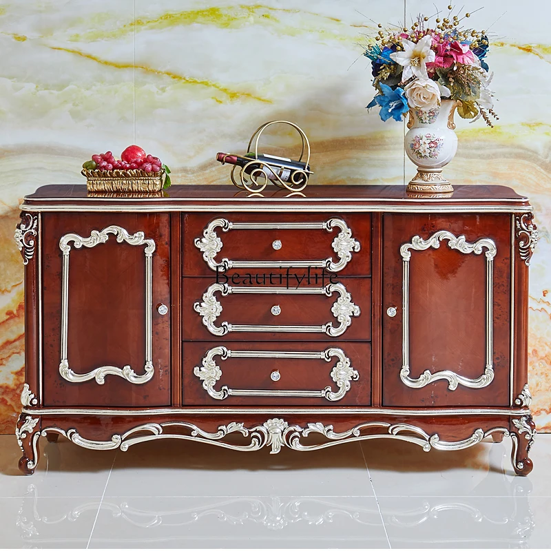 

European marble dining side cabinet full solid wood carving flower storage living room partition entrance cabinet