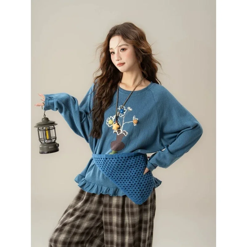 

Fashionable Fungus Lace Stitching Flower Print Long-sleeved T-shirt Women's Autumn and Winter New Loose Inner Top