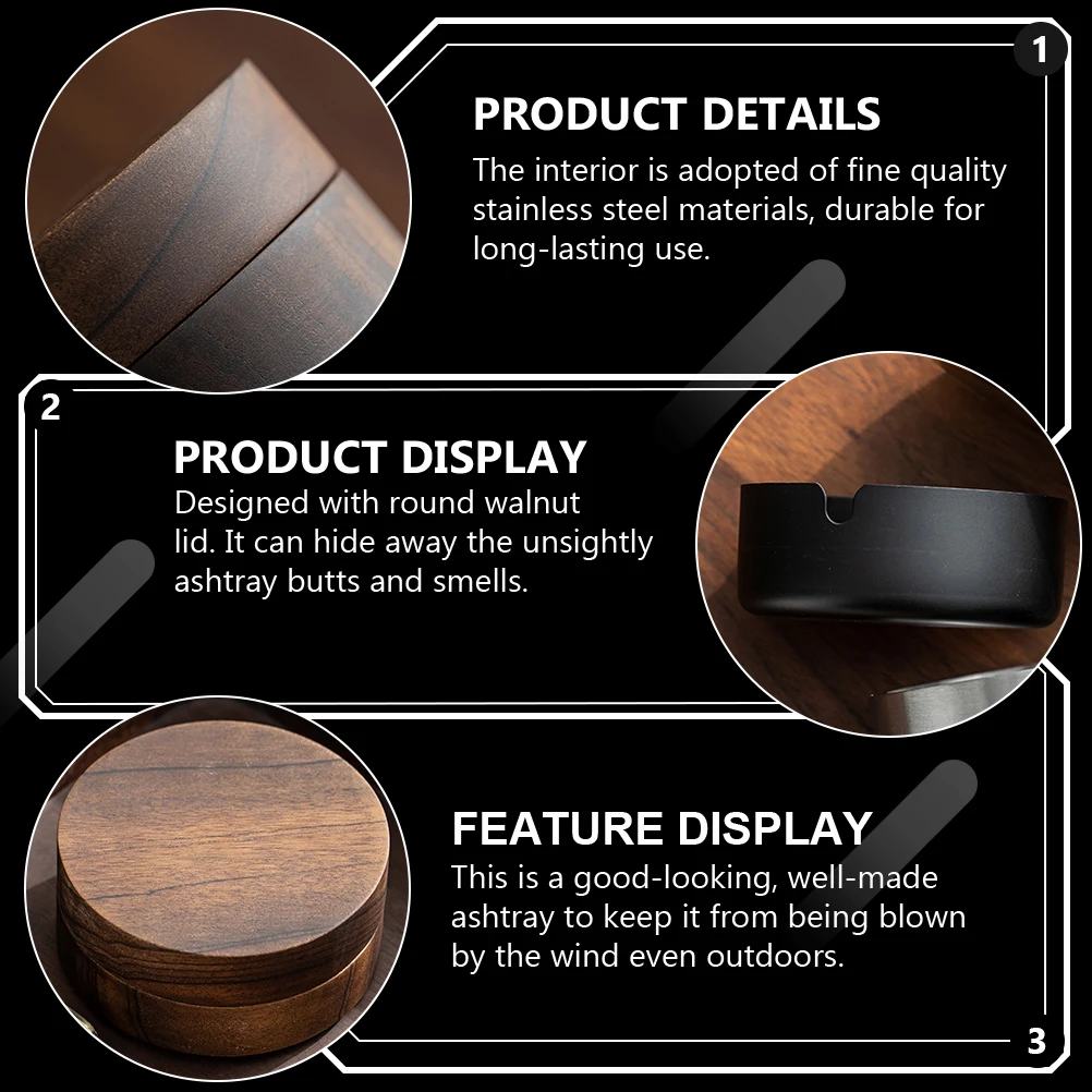 

Walnut Ashtray Cigarette Holder Stainless Steel Removable Insert Windproof Office Home Decor Gift Container