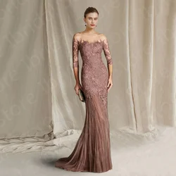 Abito per la madre della sposa personalizzato in pizzo rosa polveroso Abito per la madre a sirena Scollo a illusione Maniche a 3/4 Abiti da festa di nozze 2024