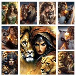 Diy Diamond Painting Women and Lions, Tigers, Wolves, Mosaic Animals, Dogs, Embroidery Art, Wall Decoration, Handmade Gifts