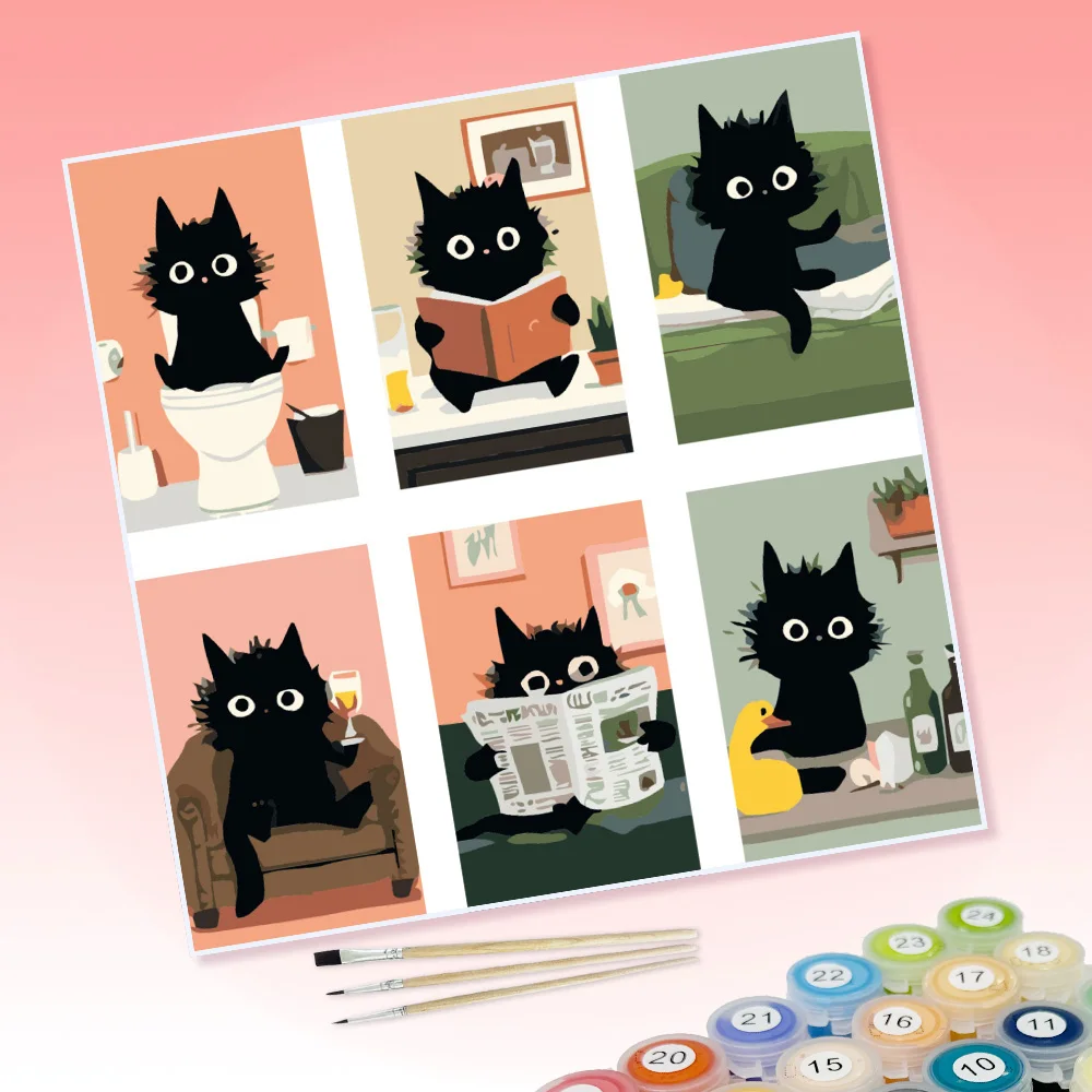 6 Stücke von DIY-Malbildern mit niedlichen Katzen, die Bücher lesen, voller lebendiger Bilder, geeignet für die Wanddekoration zu Hause. – Detail 1