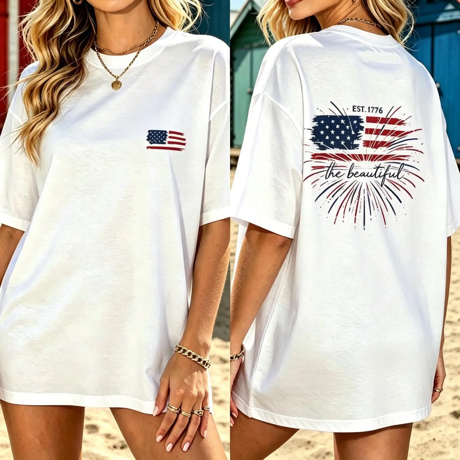 Womens Oversized Maternity T-Shirt - American Flag & Fireworks Print Pregnancy Tee, Short Sleeve Crewneck Top with Double-Sided USA, Loose Fit for 4th of, Showers & Casual Attire, Machine Washable