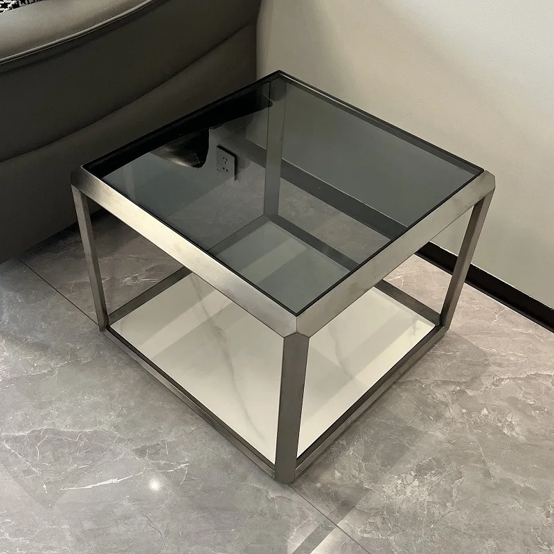Minimal coffee table Italian stainless steel double-layer table rectangular table electroplated titanium brushed corne