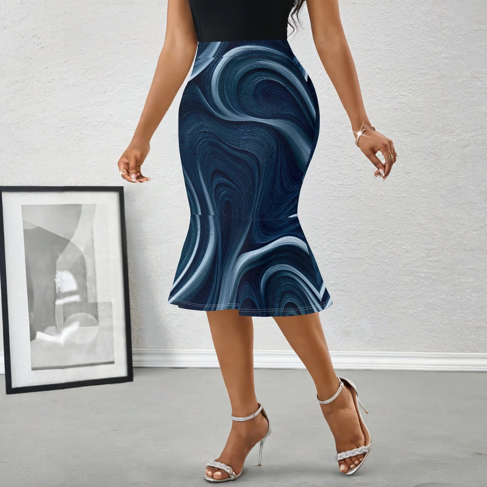 Blue Swirl Print Midi Skirt, Abstract Wave Pattern Pencil Skirt, Mermaid Hem A-Line Skirt for Women, Office Party Wear, S-2XL
