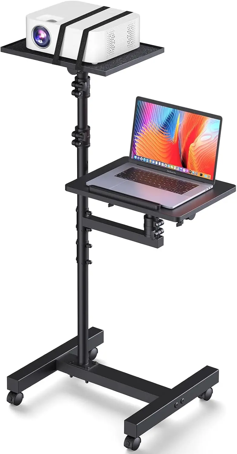

Adjustable Height Rolling Projector Stand with 2 Shelves, Mobile Laptop Cart and Overbed Table for Home or Office Use