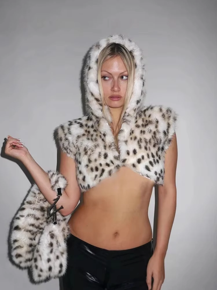 Sexy Leopard Print Hooded Short Furry Faux Fur Coat Woman Clothing Trend Halloween Cosplay Faux Fur Vest Women Fur Top Y2K