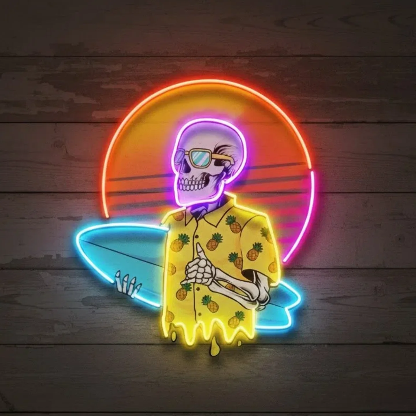 

Неоновая вывеска «Серфинг-скелет» с УФ-печатью, ретро-светильник «Закат» со светодиодами, настенный декор для пляжного дома, мужской комнаты, игровой комнаты, USB, 12,6 дюйма, летний подарок