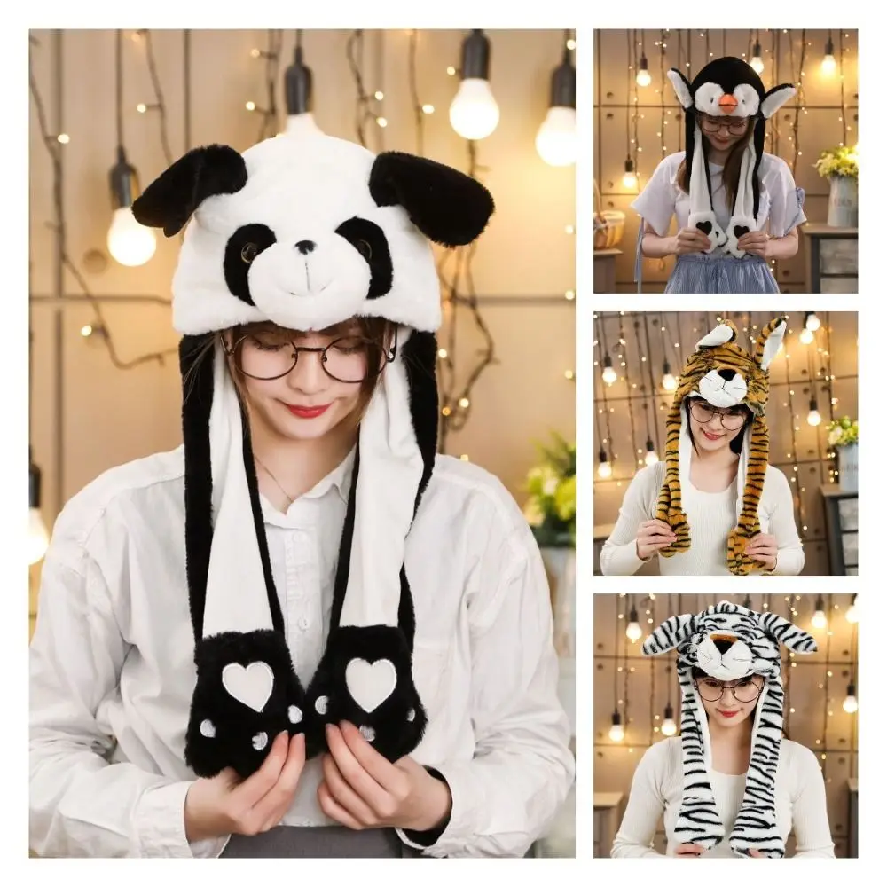 Funny Panda Tiger Monkey Jumping Up Cap Animal Shape Plush Ear Moving Hat Soft Frog Pig Elephant Plush Hat Toys Birthday Gifts