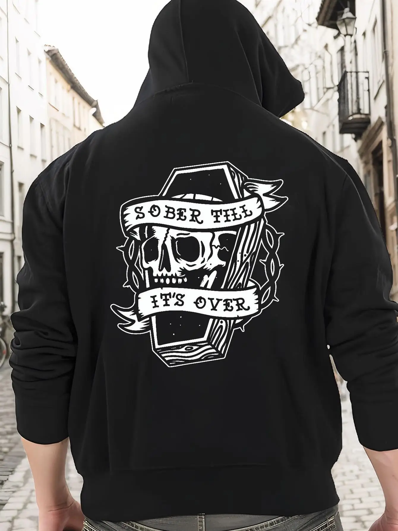 Limitierte Auflage: Sober Till It'S Over AA NA Recovery Hoodie |   Herren-Freizeit-Sweatshirt in Schwarz mit Totenkopf-Motiv, langärmelig