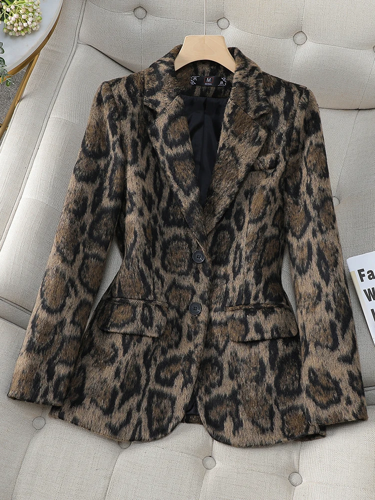 2025 Fashion Coffee Green Leopard Print Ladies Blazer Women‘s Long Sleeve Slim Woolen Fabric Autumn Winter Jacket пиджак