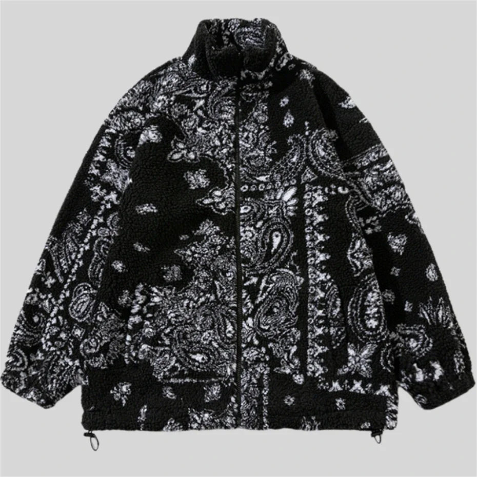 Winter Fuzzy Lamb Fleece Jacket Streetwear Hip Hop Argyle Paisley Print Fluffy Plush Warm Coats Autumn Harajuku Casual Jackets