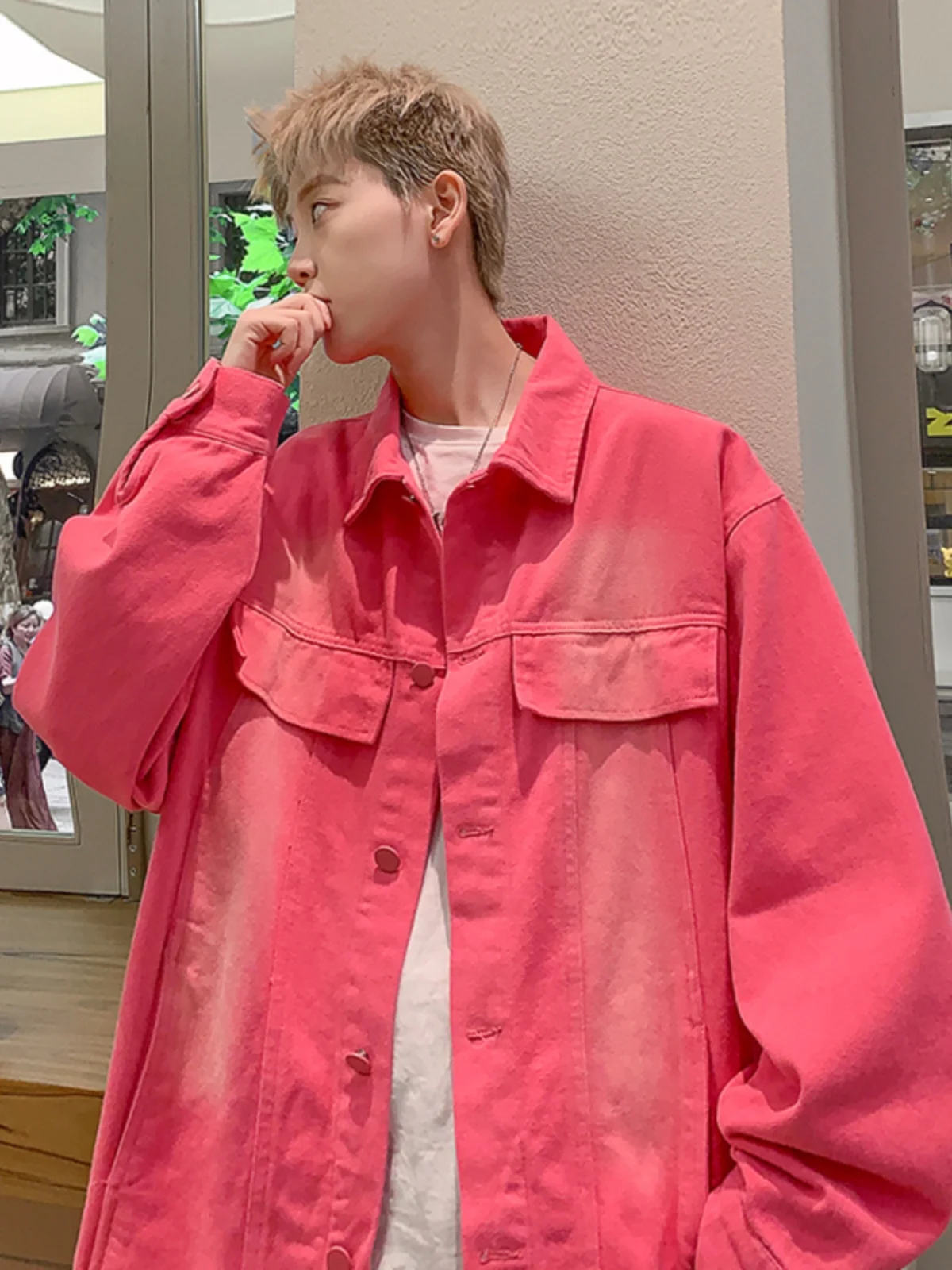 

American Sle Pink Denim Jaet Men's Autumn Faion High-End Cleanfit Jaet Couple's Baseball orm Loose Fit Long Sve